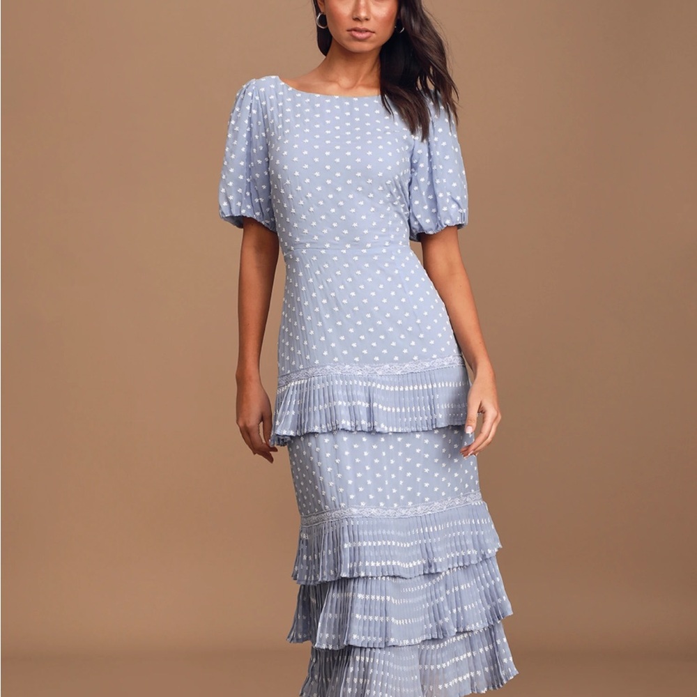 Lulus Fleur 'Em In Light Blue Tiered Embroidered Midi Dress